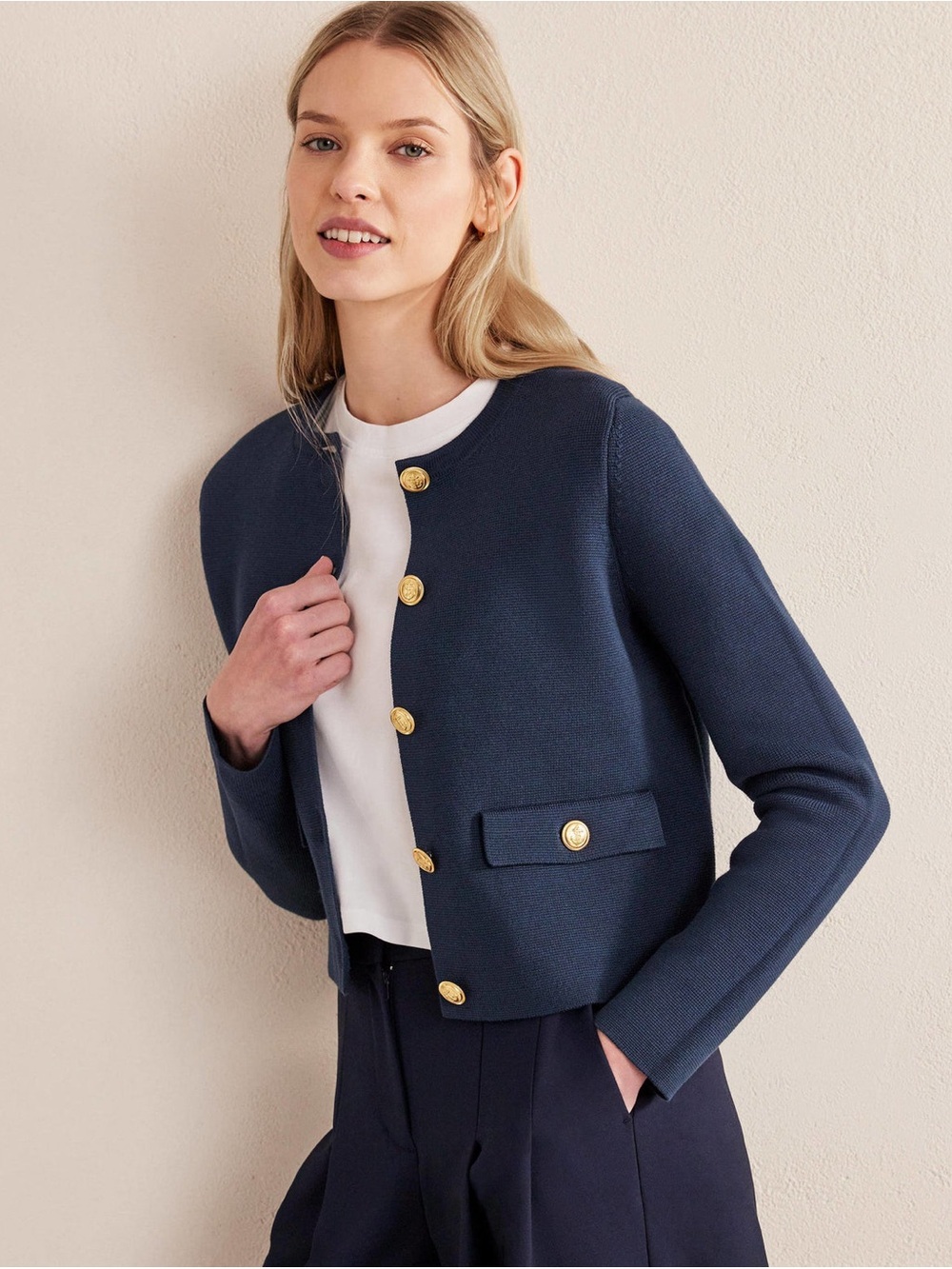 Boden Navy Gold-Button Holly Knit Jacket 14